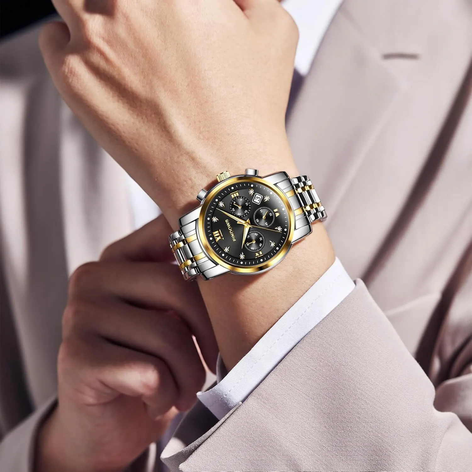 Steel Waterproof Luminous Two Tone Business Watch PINDOWS Watches for Men Diamond Date Calendar Quartz Watches wavy flask deference pay Mexican Analog Stainless 