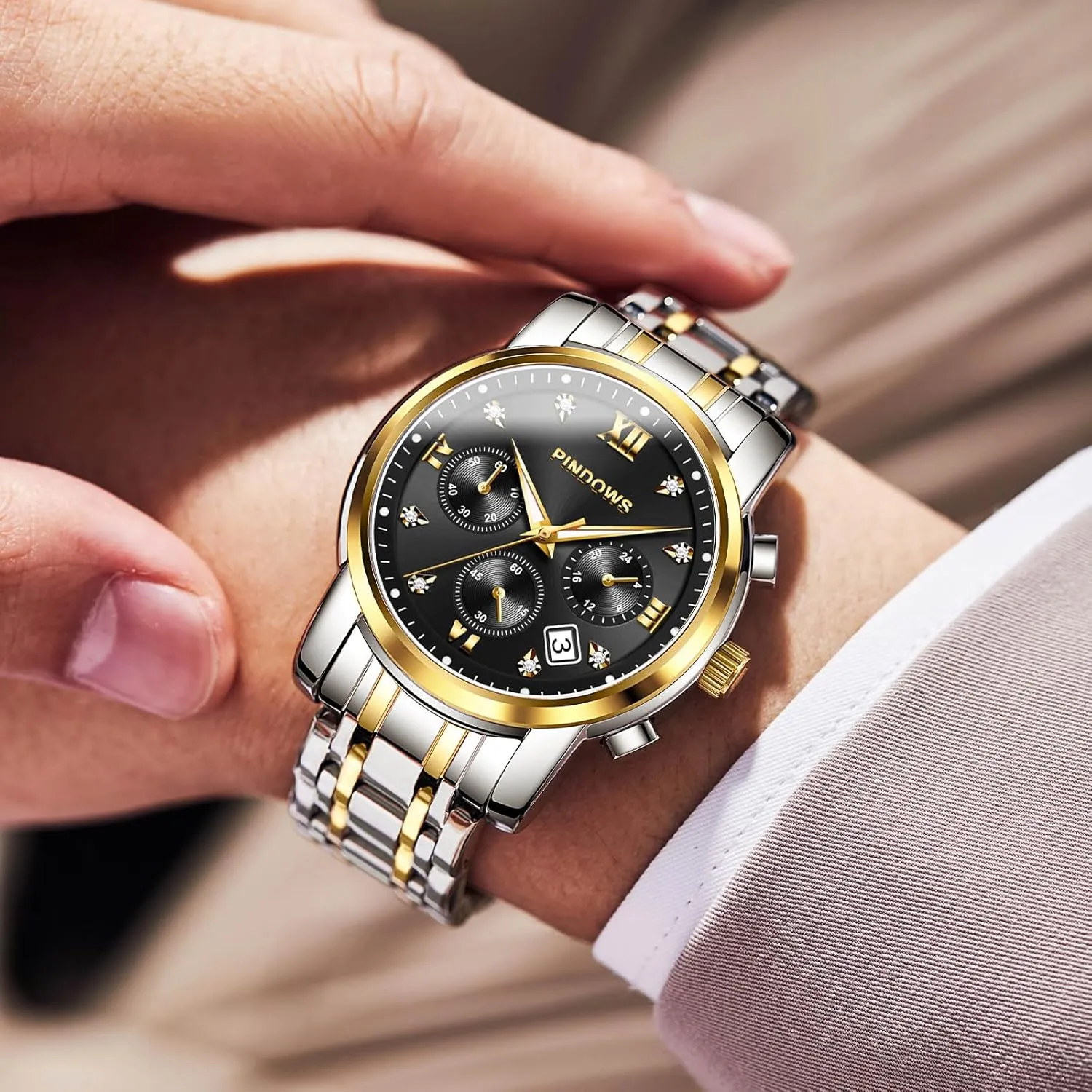Steel Waterproof Luminous Two Tone Business Watch PINDOWS Watches for Men Diamond Date Calendar Quartz Watches wavy flask deference pay Mexican Analog Stainless 
