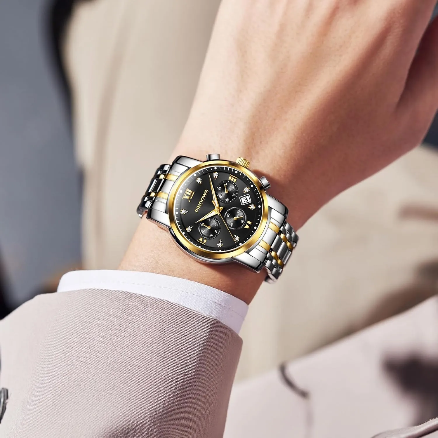Steel Waterproof Luminous Two Tone Business Watch PINDOWS Watches for Men Diamond Date Calendar Quartz Watches wavy flask deference pay Mexican Analog Stainless 