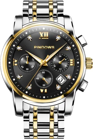 Steel Waterproof Luminous Two Tone Business Watch PINDOWS Watches for Men Diamond Date Calendar Quartz Watches wavy flask deference pay Mexican Analog Stainless 