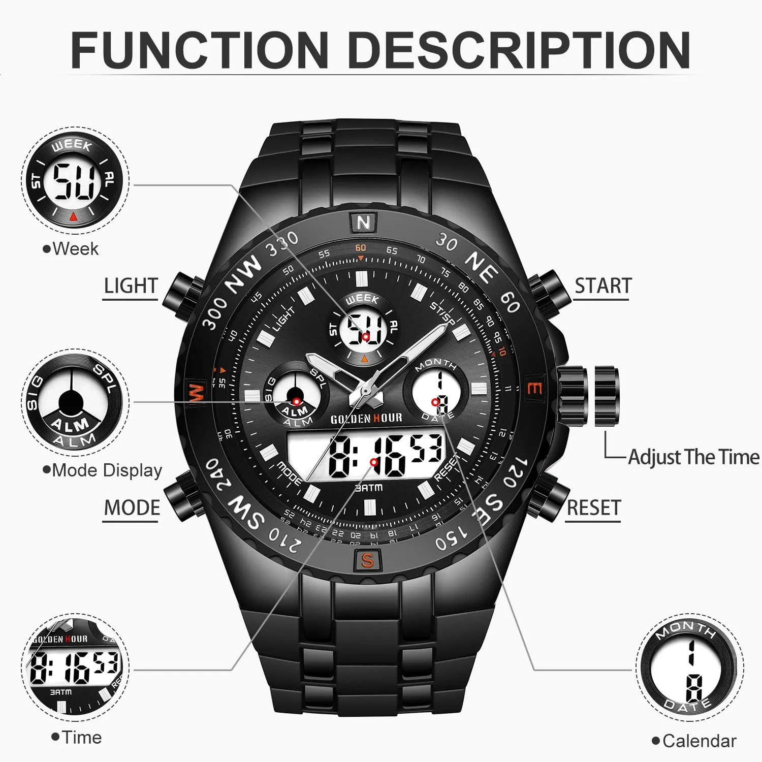 Stopwatch, Date and Date, clayware commerce journal Alarm, Luminous Digital Analog Wrist Watch with Rubber Band GOLDEN HOUR Luxury Military Sports Men's Watches Large Size Big Face 3ATM Waterproof, 