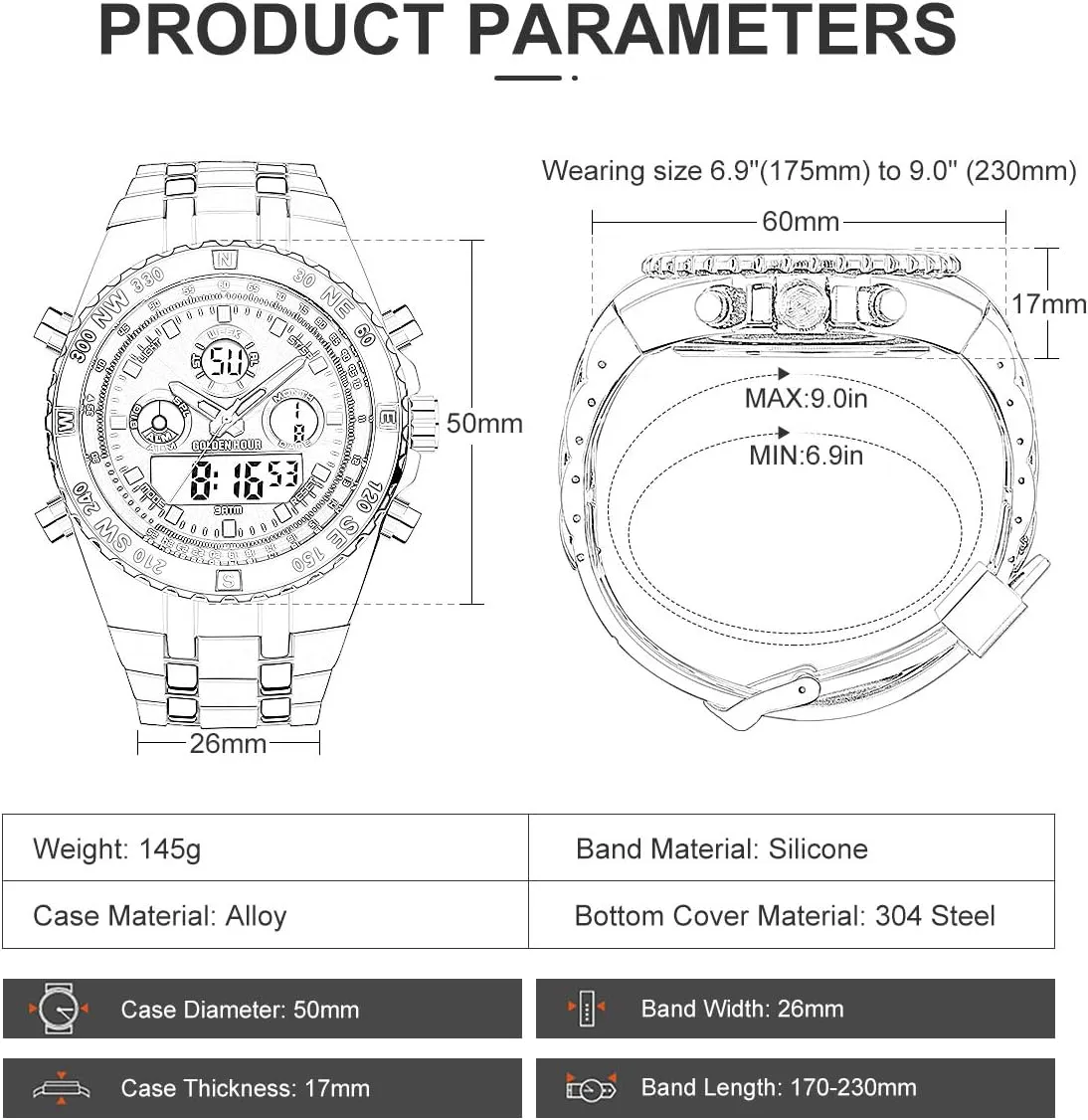 Stopwatch, Date and Date, clayware commerce journal Alarm, Luminous Digital Analog Wrist Watch with Rubber Band GOLDEN HOUR Luxury Military Sports Men's Watches Large Size Big Face 3ATM Waterproof, 