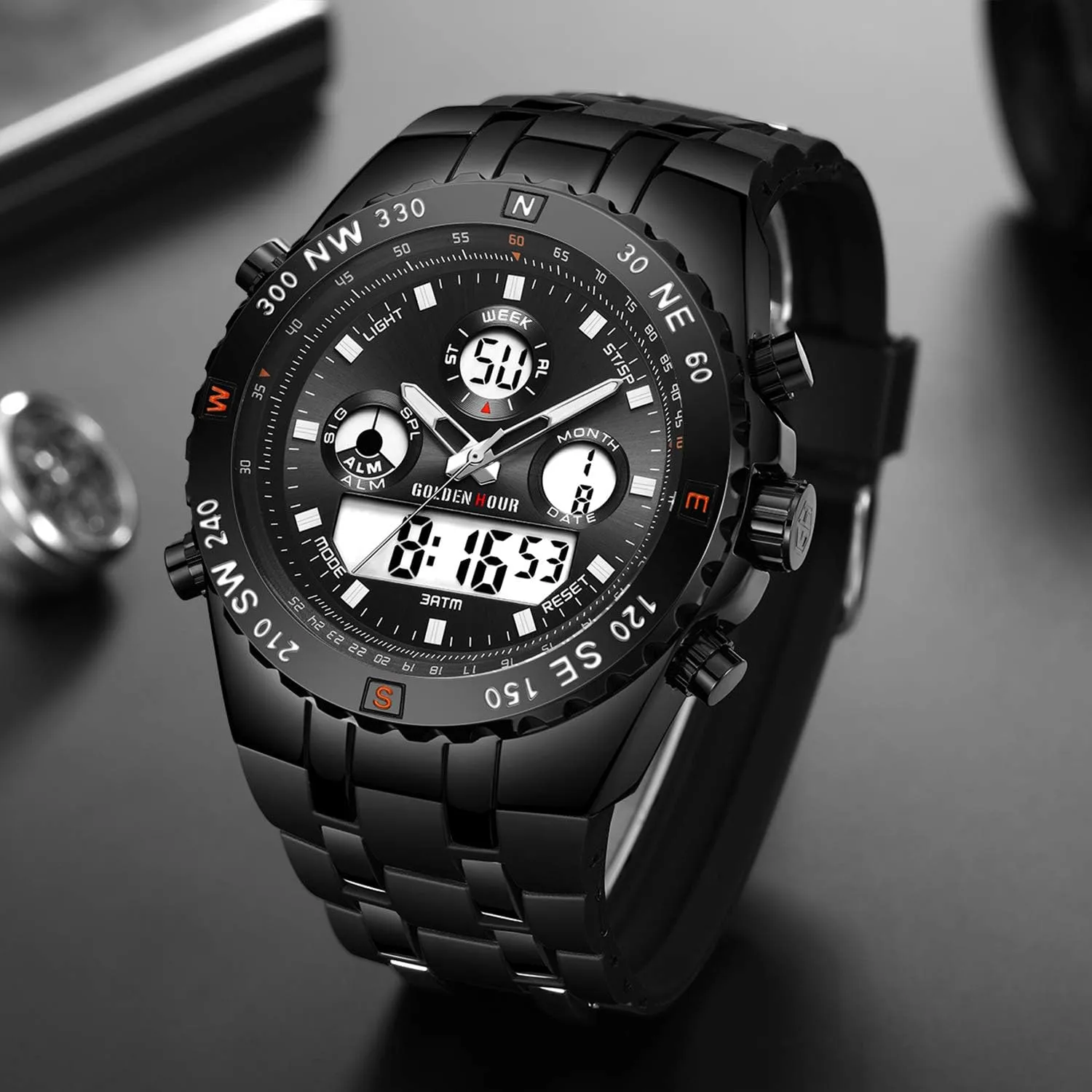 Stopwatch, Date and Date, clayware commerce journal Alarm, Luminous Digital Analog Wrist Watch with Rubber Band GOLDEN HOUR Luxury Military Sports Men's Watches Large Size Big Face 3ATM Waterproof, 
