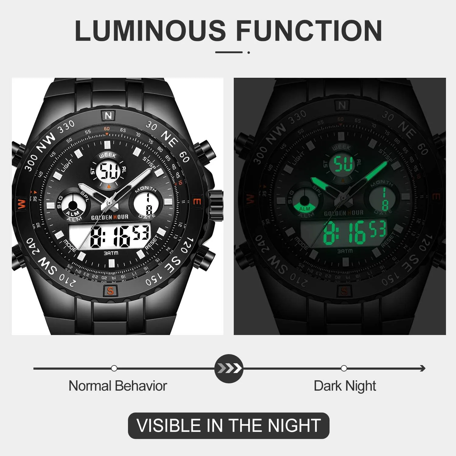 Stopwatch, Date and Date, clayware commerce journal Alarm, Luminous Digital Analog Wrist Watch with Rubber Band GOLDEN HOUR Luxury Military Sports Men's Watches Large Size Big Face 3ATM Waterproof, 