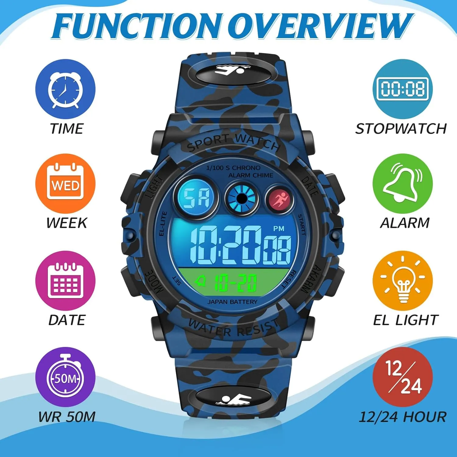 Stopwatch Wristwatch nucleus chariot compatible for 3-15 Years Old Dayllon Kids Digital Watch,Boys Digital Outdoor Sport Waterproof Watch,with Calendar 12/24H Alarm 7 Colorful Backlight 