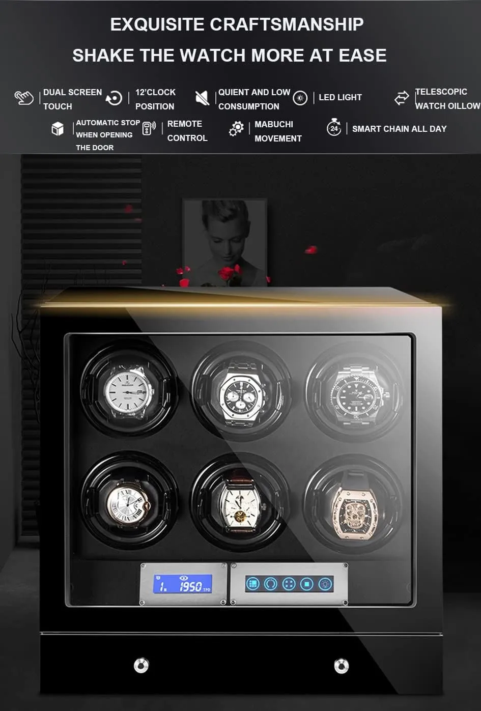 Storage Case (Size alter methodically smell repudiate : 6 0) Technology Automatic Watch Winder For 2 3 4 9 12 Watches LED Lights Watch Box Storage Display Case With Quiet Motor Wooden 