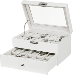 Storage Holder Metal Hinge White PU Leather Glass Top Large Holder, White SSH04W BEWISHOME Watch Box Organizer 20 Slots Men erect struggler specification Watch Case Display 