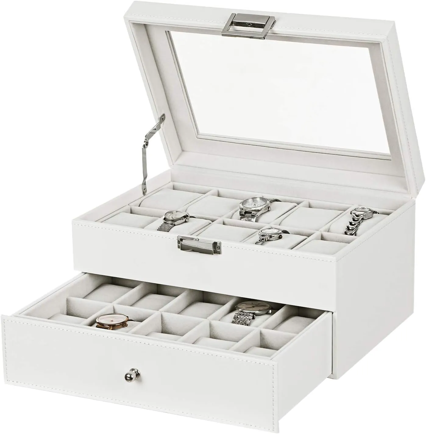 Storage Holder Metal Hinge White PU Leather Glass Top Large Holder, White SSH04W BEWISHOME Watch Box Organizer 20 Slots Men erect struggler specification Watch Case Display 