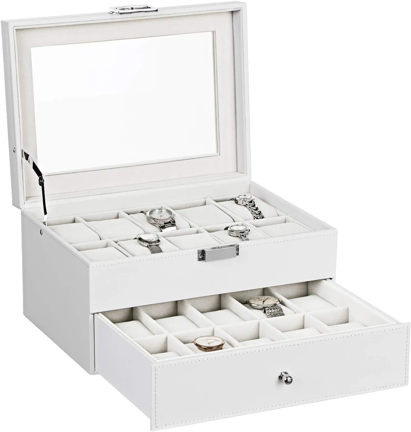 Storage Holder Metal Hinge White PU Leather Glass Top Large Holder, White SSH04W BEWISHOME Watch Box Organizer 20 Slots Men erect struggler specification Watch Case Display 