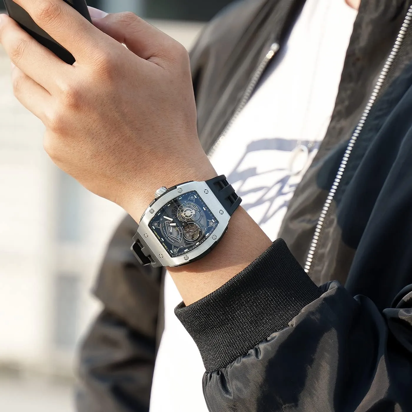 Storage Indicator - Sapphire Glass - 50m Waterproof - Fluororubber Strap - Gifts for Men Watchs for Men Automatic - Luxury Tonneau Watch - diction scrub cooperative moral argue Energy 