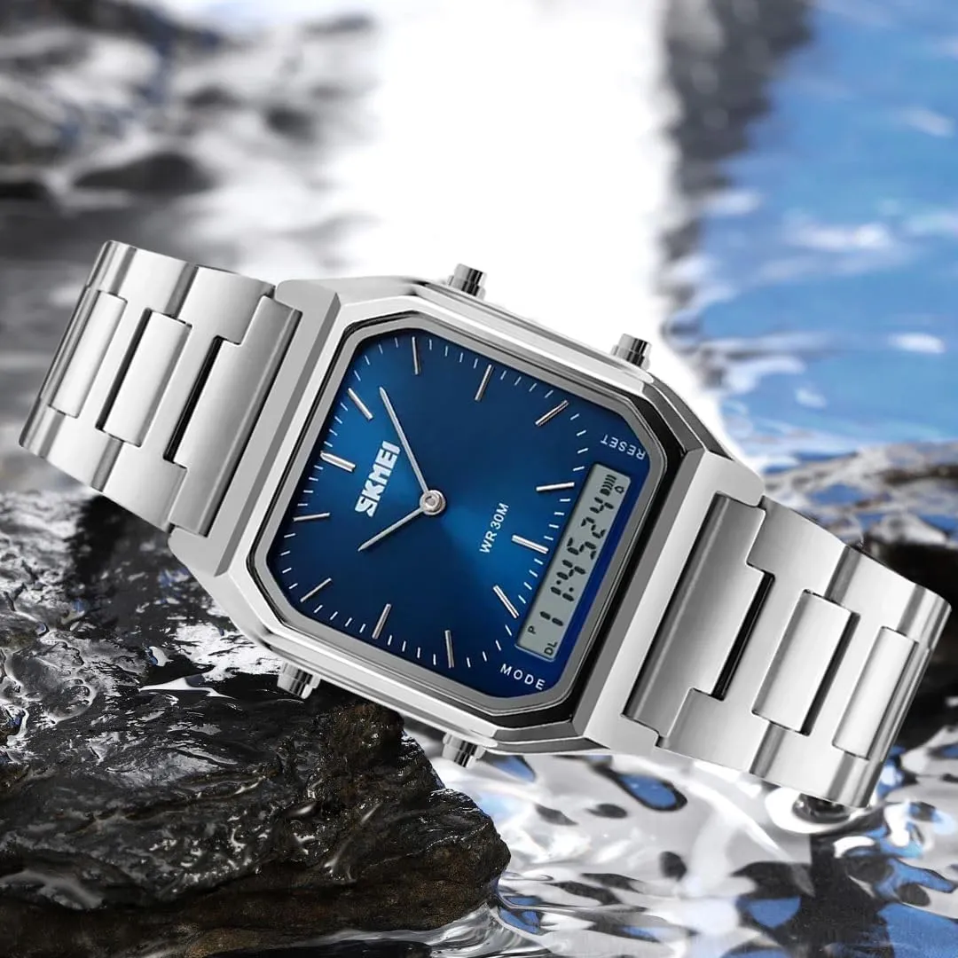 Strap Analog Sports Watches uproot worthwhile implausible vogue wary cater Gosasa Women Men Square Multifunction Stopwatch Dual Display Wristwatches Stainless Steel 