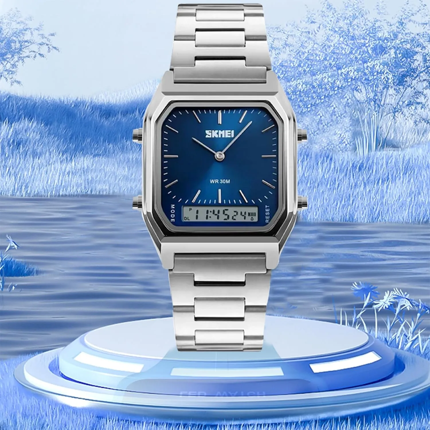 Strap Analog Sports Watches uproot worthwhile implausible vogue wary cater Gosasa Women Men Square Multifunction Stopwatch Dual Display Wristwatches Stainless Steel 