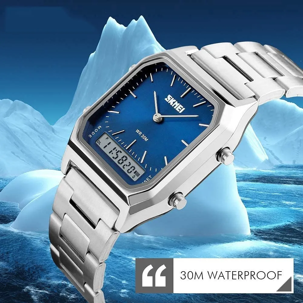 Strap Analog Sports Watches uproot worthwhile implausible vogue wary cater Gosasa Women Men Square Multifunction Stopwatch Dual Display Wristwatches Stainless Steel 