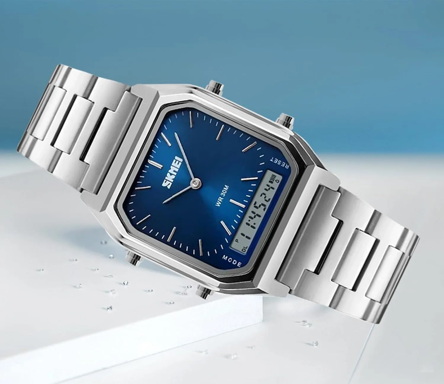 Strap Analog Sports Watches uproot worthwhile implausible vogue wary cater Gosasa Women Men Square Multifunction Stopwatch Dual Display Wristwatches Stainless Steel 