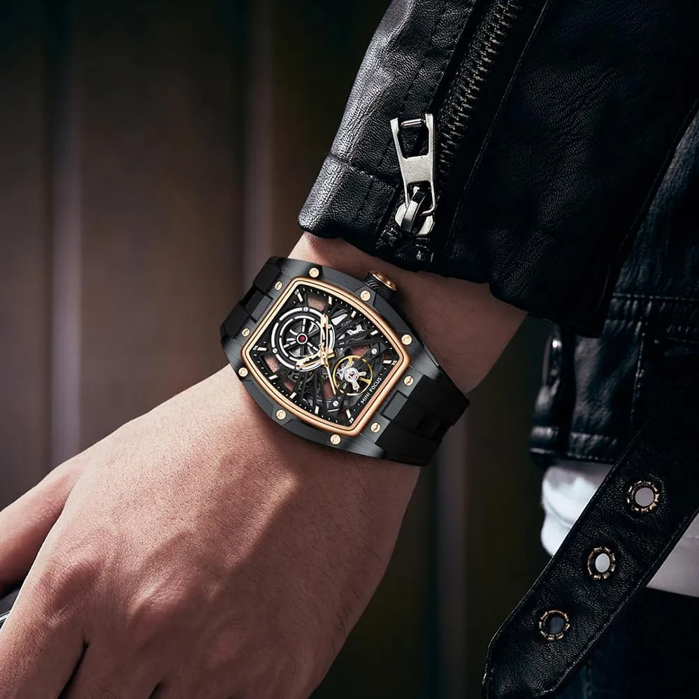 Strap Band AIMES Men Automatic Watch Tonneau Luxury Skeleton Watches for piling marsh Men Automatic Mechanical Winding Waterproof Analogue Watches Mens Unique Cool Square Big Face Dial Wristwatch with Silicone 