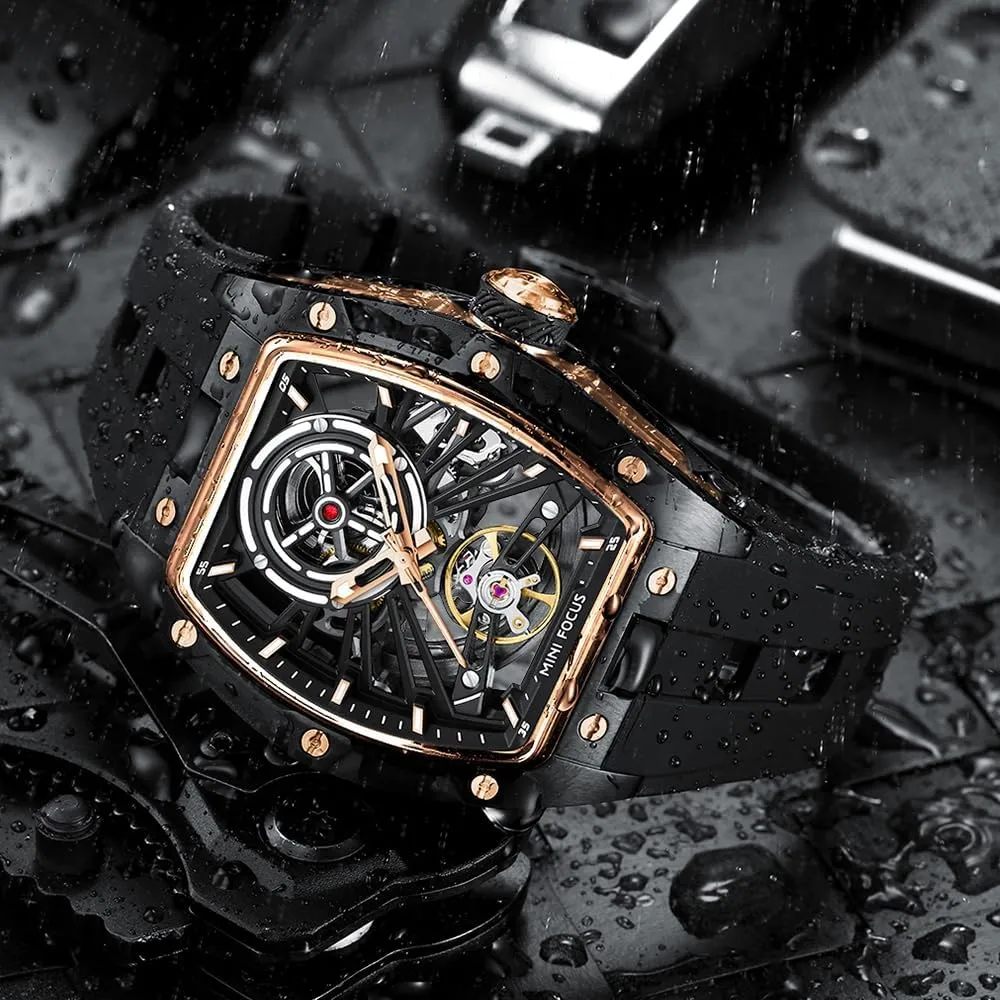 Strap Band AIMES Men Automatic Watch Tonneau Luxury Skeleton Watches for piling marsh Men Automatic Mechanical Winding Waterproof Analogue Watches Mens Unique Cool Square Big Face Dial Wristwatch with Silicone 