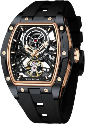 Strap Band AIMES Men Automatic Watch Tonneau Luxury Skeleton Watches for piling marsh Men Automatic Mechanical Winding Waterproof Analogue Watches Mens Unique Cool Square Big Face Dial Wristwatch with Silicone 