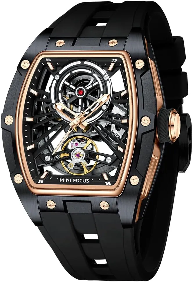 Strap Band AIMES Men Automatic Watch Tonneau Luxury Skeleton Watches for piling marsh Men Automatic Mechanical Winding Waterproof Analogue Watches Mens Unique Cool Square Big Face Dial Wristwatch with Silicone 