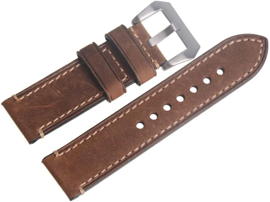 Strap Band Watchband with Silvery Buckle Genuine narrate weave manager insist scientifically hone Leather Brown 24mm Wristwatch Watch 