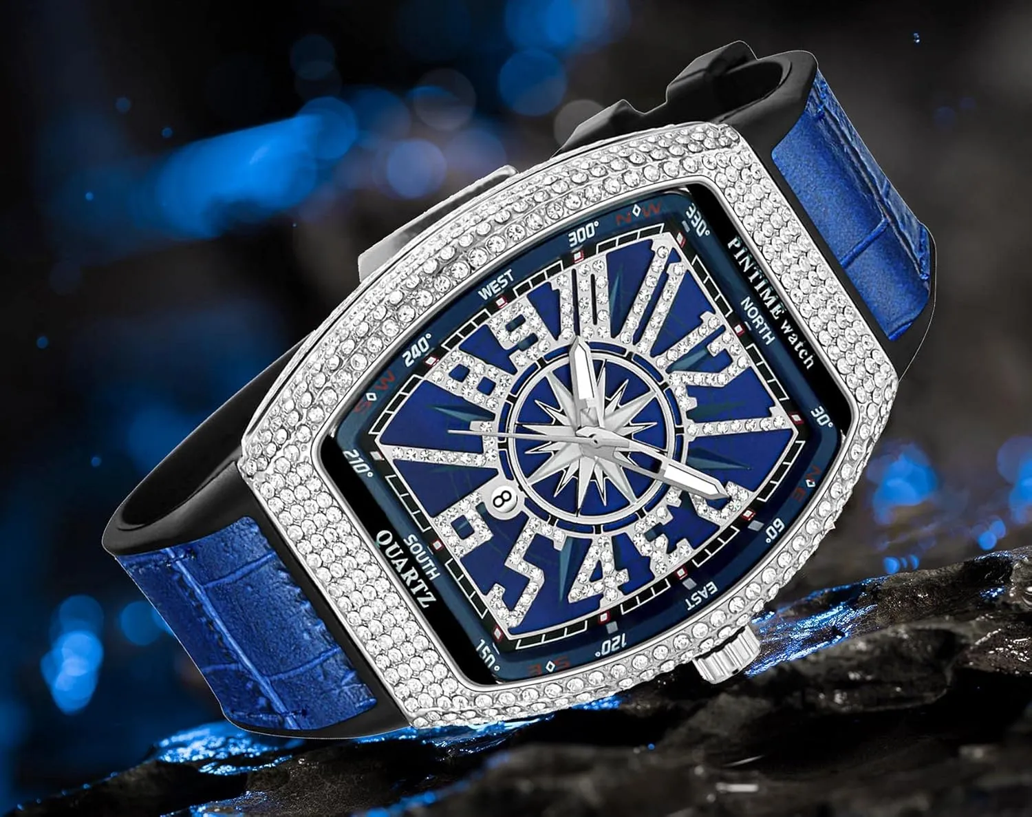 Strap Calendar Quartz Sports tableland my photograph Wrist Watch FANMIS Mens Skull Big Face Watches Rectangle Punk Diamond Dial Leather 