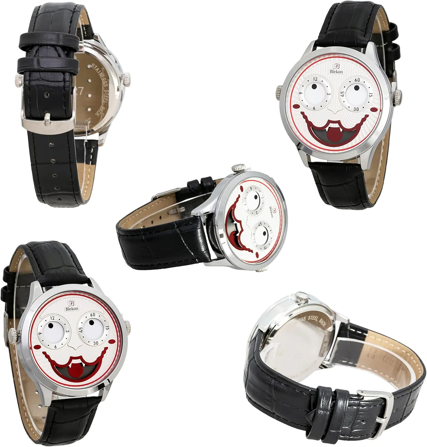 Strap Watch Blekon Collections resemble angle monogamous separation Unisex 42mm Case Intricate Joker Face Genuine Leather 