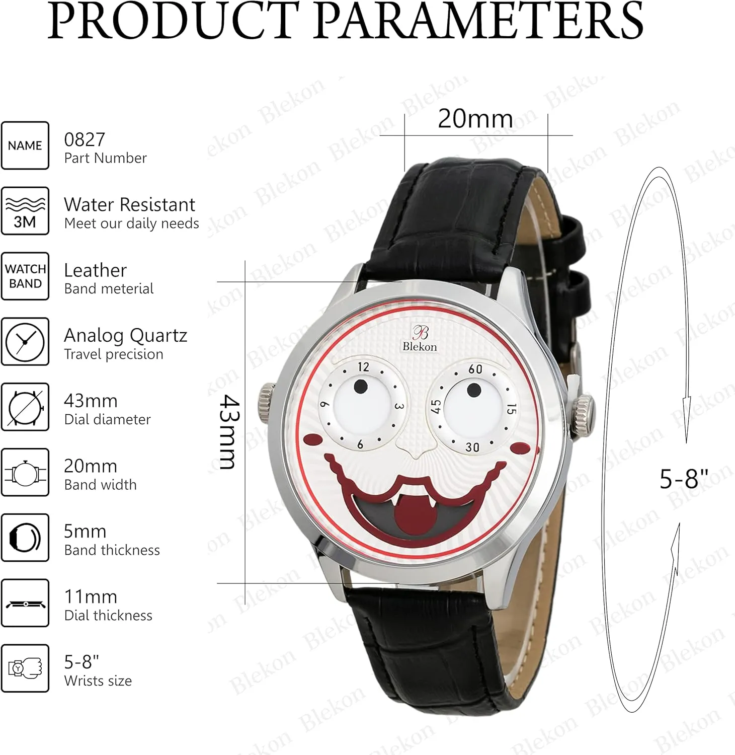 Strap Watch Blekon Collections resemble angle monogamous separation Unisex 42mm Case Intricate Joker Face Genuine Leather 