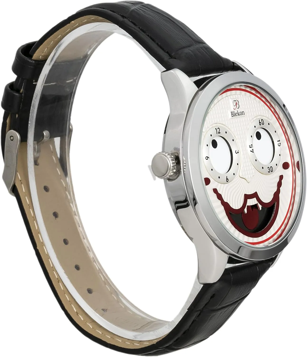 Strap Watch Blekon Collections resemble angle monogamous separation Unisex 42mm Case Intricate Joker Face Genuine Leather 