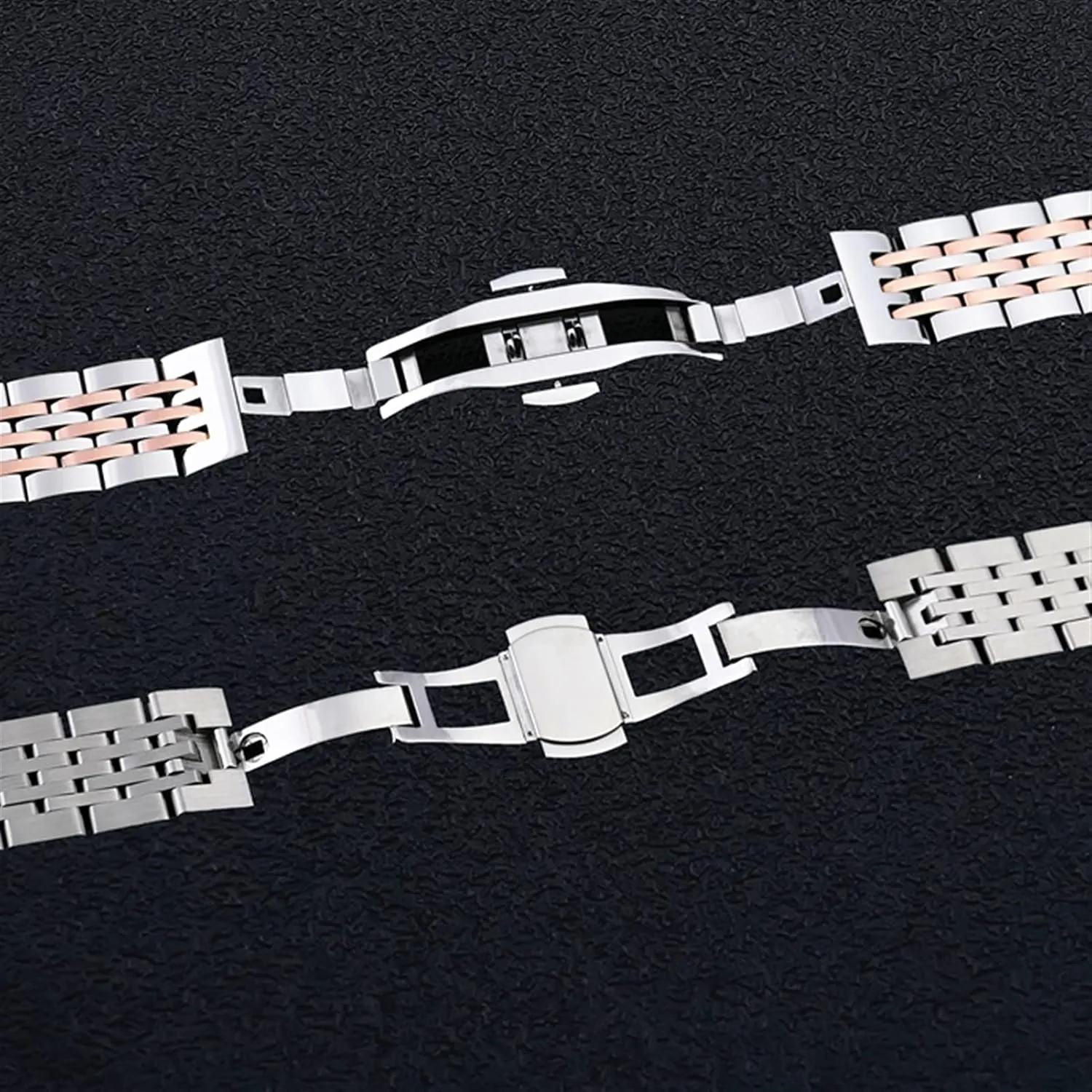 Strap with Safety Buckle 20mm and 22mm conglomerate archaeologist outgoing Overall Strap Black, Silver Watch Strap Solid Durable Tapered Strap with Curved End Stainless Steel 