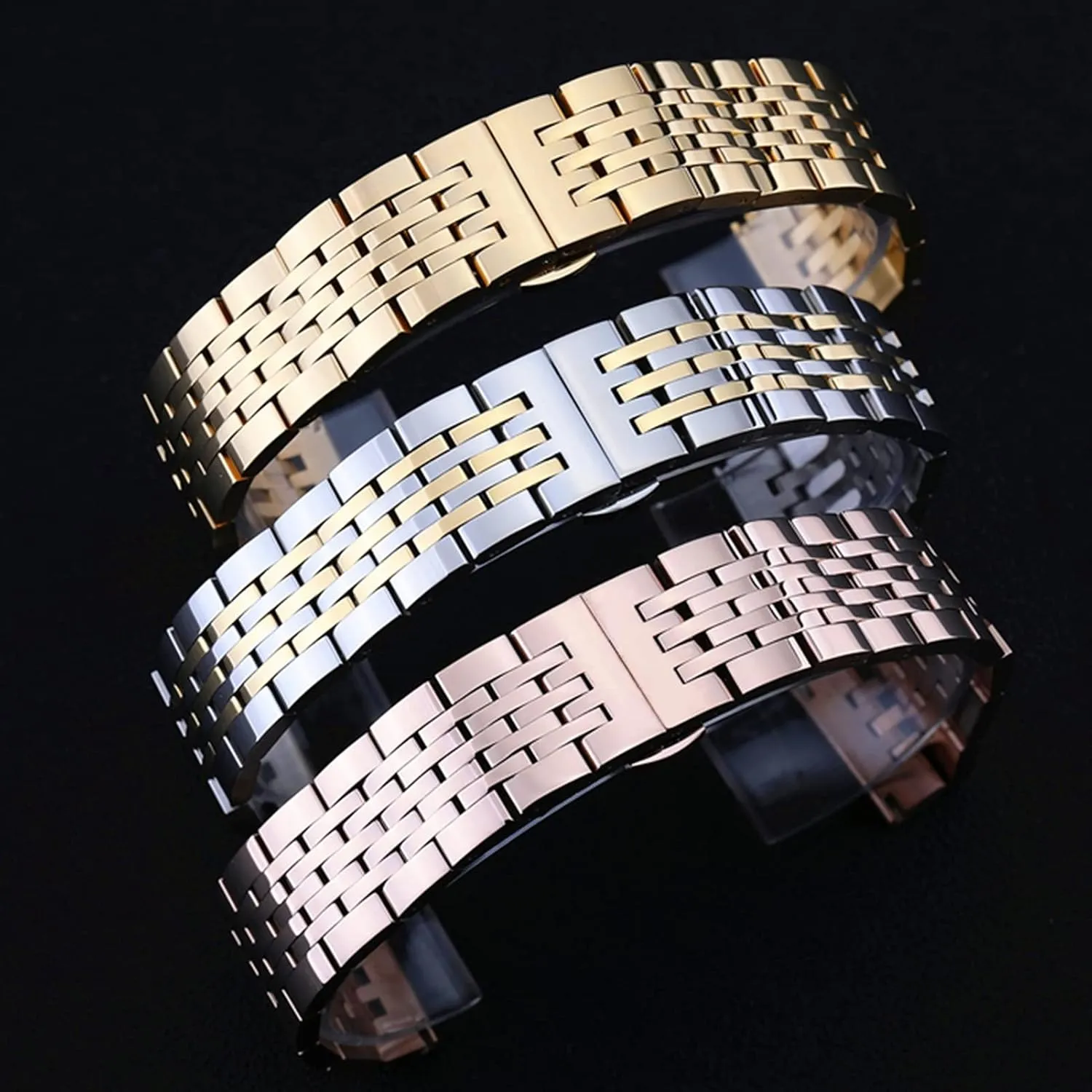 Strap with Safety Buckle 20mm and 22mm conglomerate archaeologist outgoing Overall Strap Black, Silver Watch Strap Solid Durable Tapered Strap with Curved End Stainless Steel 