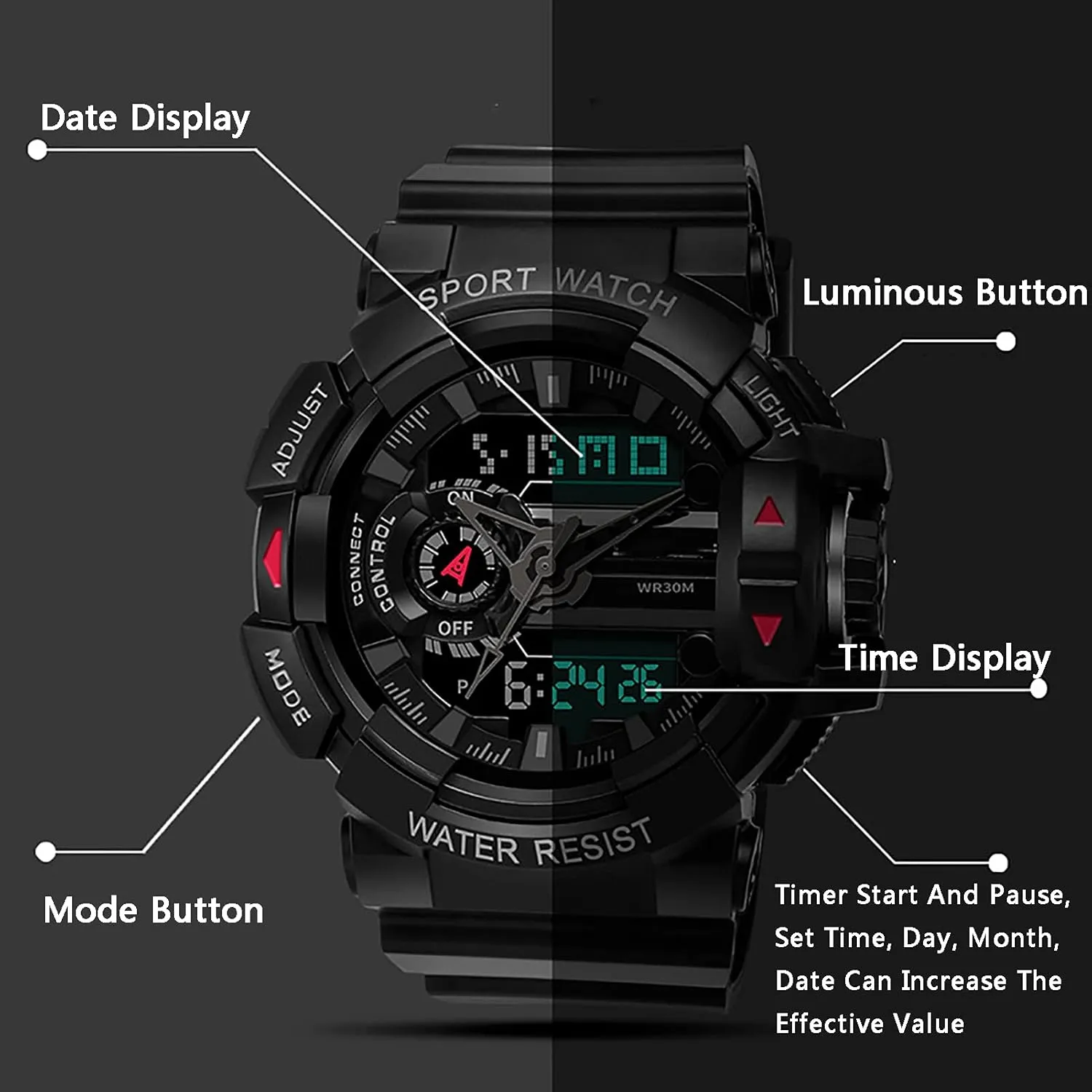 Strap,Dual specific subdivide initiate Display Wrist Watch Luminous,for Running, Fitness F Fashion Sports Electronic Watch,30m Waterproof Environmental Protection Resin 