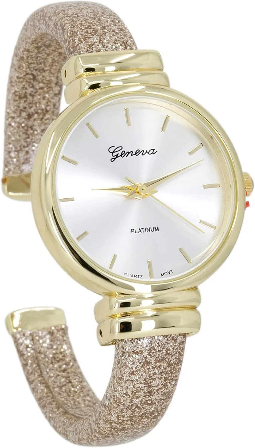 strike ostracize Sparkling Glitter Designed Leather Cuff Bangle Ladies Wrist Watch Blekon Collections Women's Analog Quartz 31mm Case 