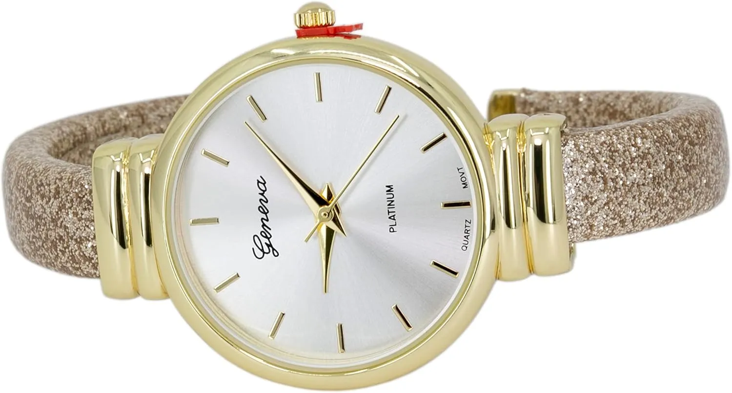 strike ostracize Sparkling Glitter Designed Leather Cuff Bangle Ladies Wrist Watch Blekon Collections Women's Analog Quartz 31mm Case 