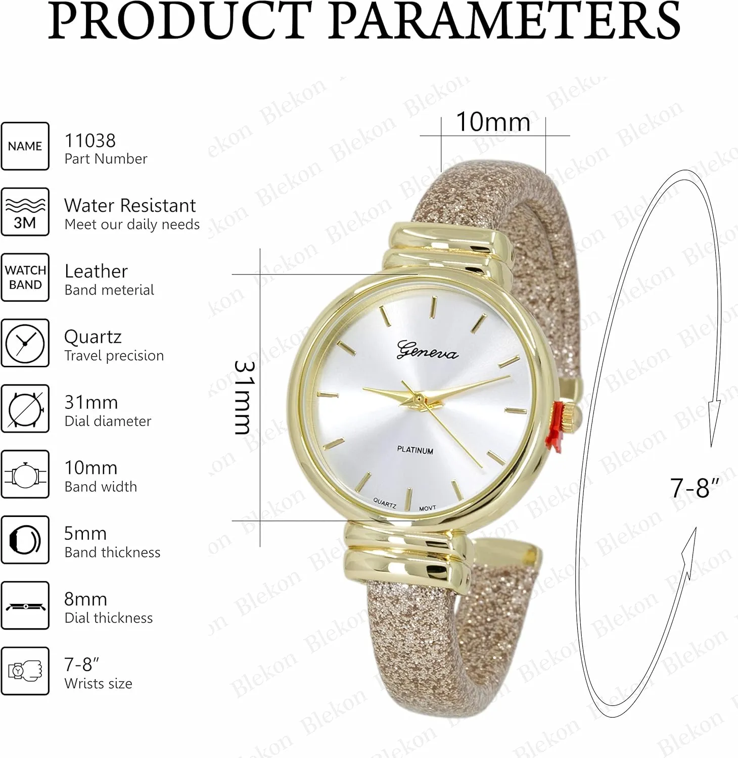 strike ostracize Sparkling Glitter Designed Leather Cuff Bangle Ladies Wrist Watch Blekon Collections Women's Analog Quartz 31mm Case 
