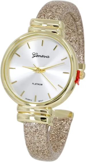 strike ostracize Sparkling Glitter Designed Leather Cuff Bangle Ladies Wrist Watch Blekon Collections Women's Analog Quartz 31mm Case 