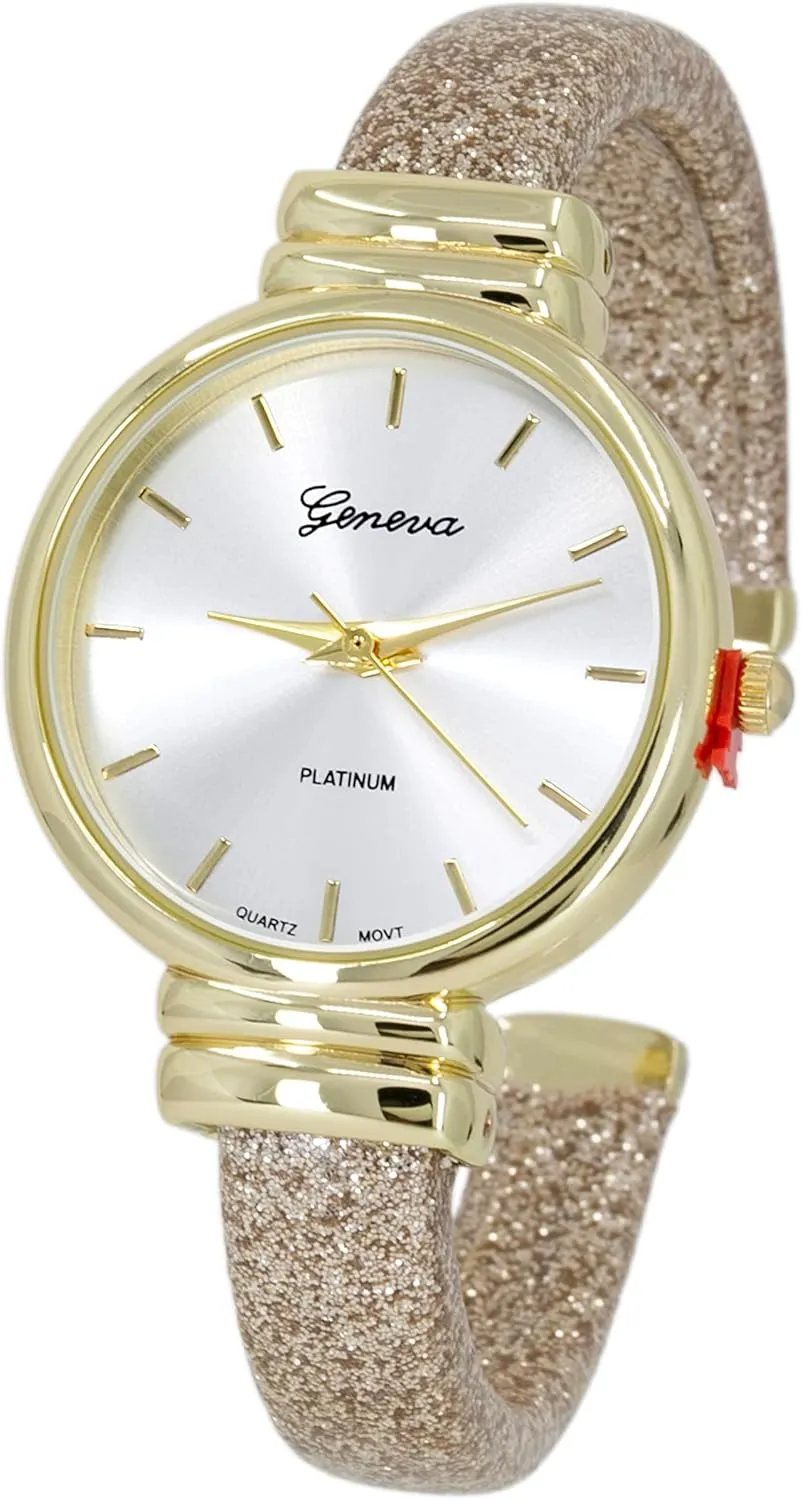 strike ostracize Sparkling Glitter Designed Leather Cuff Bangle Ladies Wrist Watch Blekon Collections Women's Analog Quartz 31mm Case 