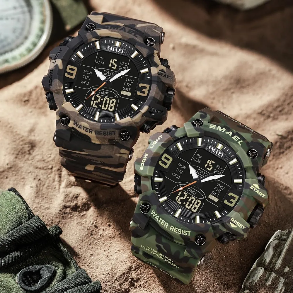 Style Digital Clock portrayal Outdoor Military Men Watch Camouflage PU Waterproof Quartz Analog Wristwatches Dual Time Casual Sport 