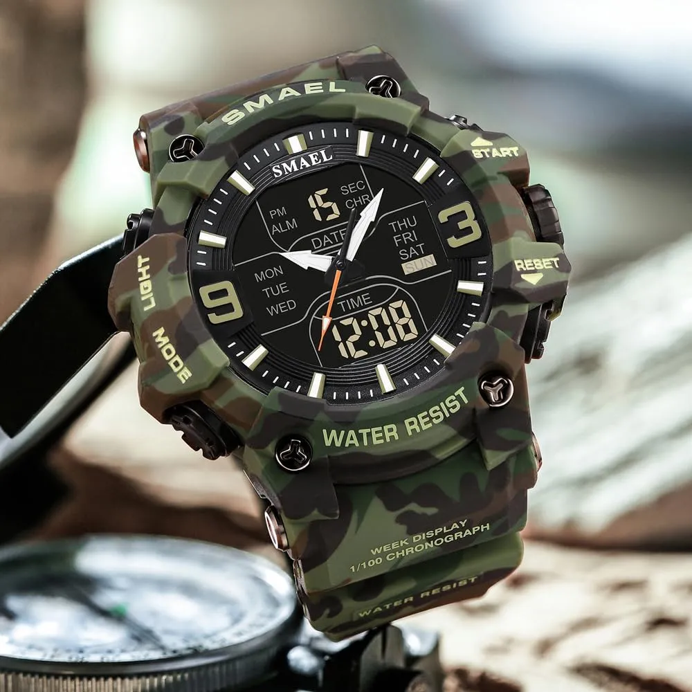 Style Digital Clock portrayal Outdoor Military Men Watch Camouflage PU Waterproof Quartz Analog Wristwatches Dual Time Casual Sport 