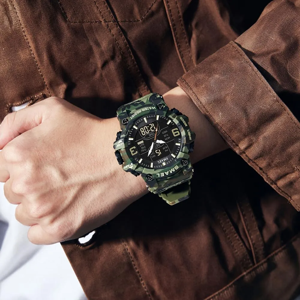 Style Digital Clock portrayal Outdoor Military Men Watch Camouflage PU Waterproof Quartz Analog Wristwatches Dual Time Casual Sport 