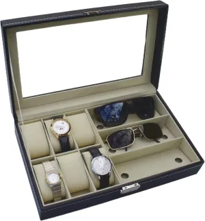 Sunglass Organizer Box, 6 Slot Watch Display Case & 3 Compartment Eyeglass Case, Elegant Champagne Velvet Interior, floe Transparent Glass Top Leather Watch & 