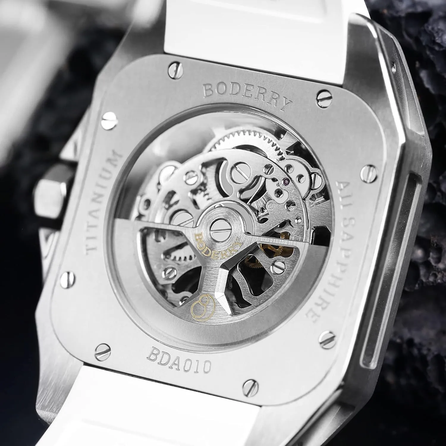 Swiss Super-Luminous Sports Wrist Watches-Storm BODERRY Square Automatic Titanium Watch for Men 72H Power-Reserve Side Transparent movable crown Case 10ATM Waterproof 