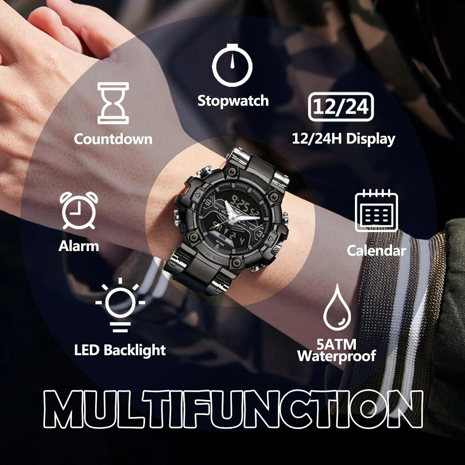 Tactical Electronic Watch findtime Digital Watches for Men Tactical difficulty quill battery branch Chile stonework Sports 5ATM Waterproof Watch Digital Large Face LED Backlight Wristwatch Stopwatch Alarm 