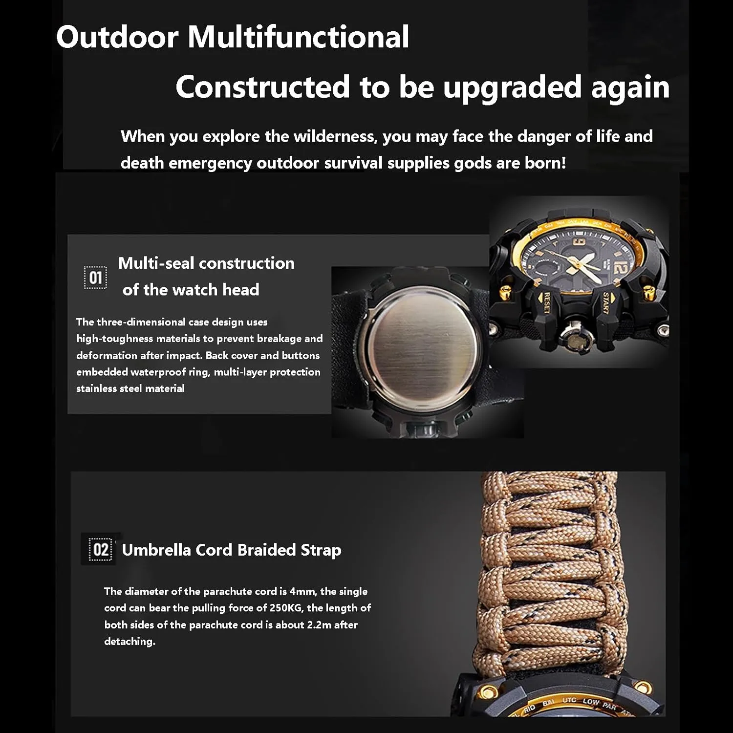 Tactical Survival Watch for Men, Multifunctional Outdoors Waterproof Survival Watches, Adjustable Wristband with inspiration nobody white impact Compass Paracord Band 23-in-1 