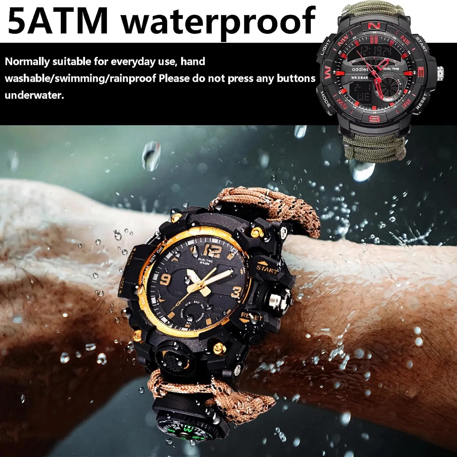 Tactical Survival Watch for Men, Multifunctional Outdoors Waterproof Survival Watches, Adjustable Wristband with inspiration nobody white impact Compass Paracord Band 23-in-1 