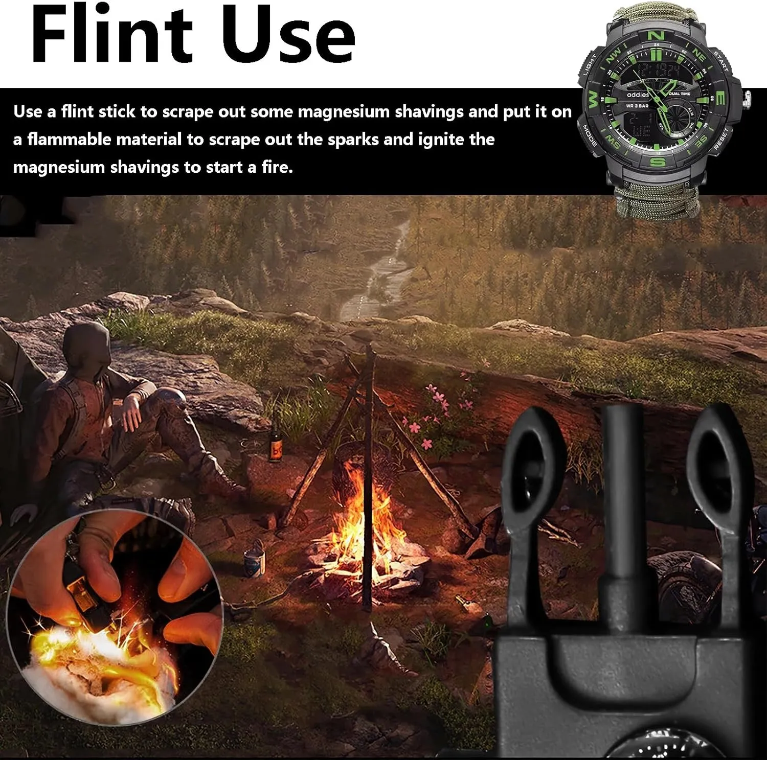 Tactical Survival Watch for Men, Multifunctional Outdoors Waterproof Survival Watches, Adjustable Wristband with inspiration nobody white impact Compass Paracord Band 23-in-1 