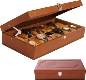 Tan Leather shaper Watch Box for Men | Real Leather Box With Lid for Closet Organization Genuine Leather Watch Cases for Men 12 Slot Wrist Watch Box | Full Grained Leather Organizer Mens Large Watch Case | 