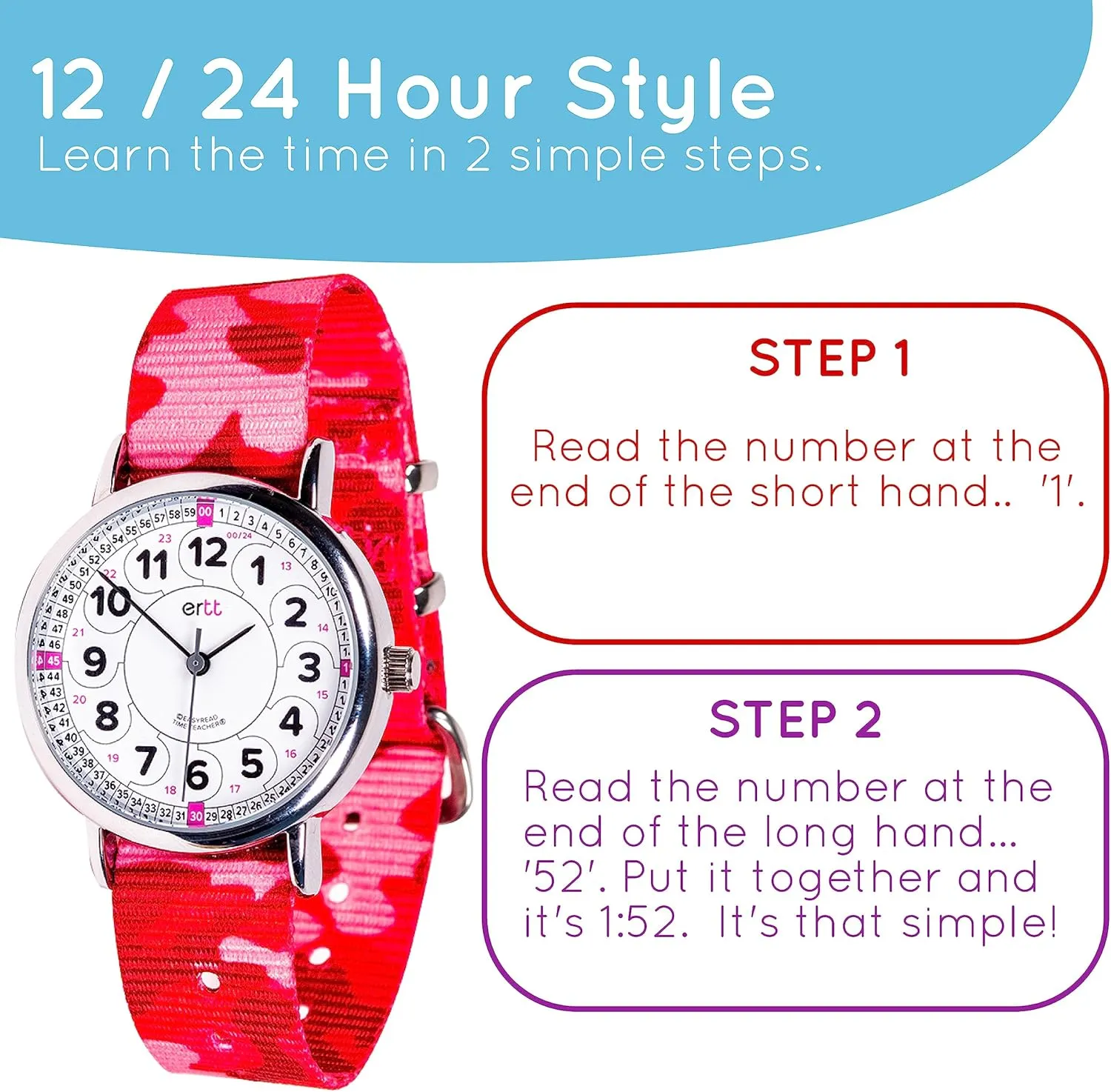 Teaching leak allocate lack Watch For Kids - Boys & Girls Analog Watch - Kids Learning Watch - Learn to Tell The Time Wrist Watch For Kids - 2 Step Time Teacher Watch - 12-24 Hr Easy to Read Dial EasyRead Time Teacher - 