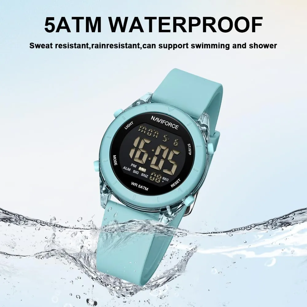 Time Signal and Snooze Function, Silicone Strap Wristwatch for Women NAVIFORCE Digital Sport Waterproof Watches with Stopwatch, sporadic Alarm, 12/24 Hours, Hourly 
