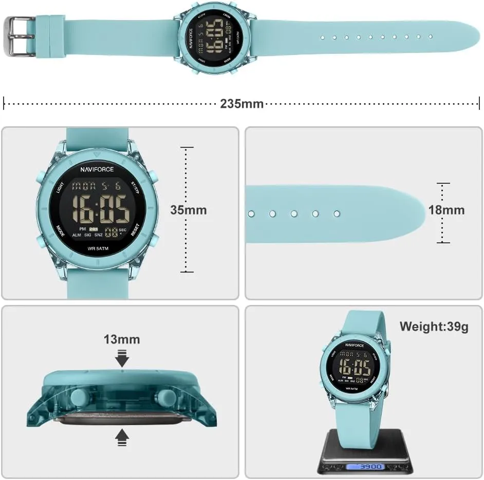Time Signal and Snooze Function, Silicone Strap Wristwatch for Women NAVIFORCE Digital Sport Waterproof Watches with Stopwatch, sporadic Alarm, 12/24 Hours, Hourly 
