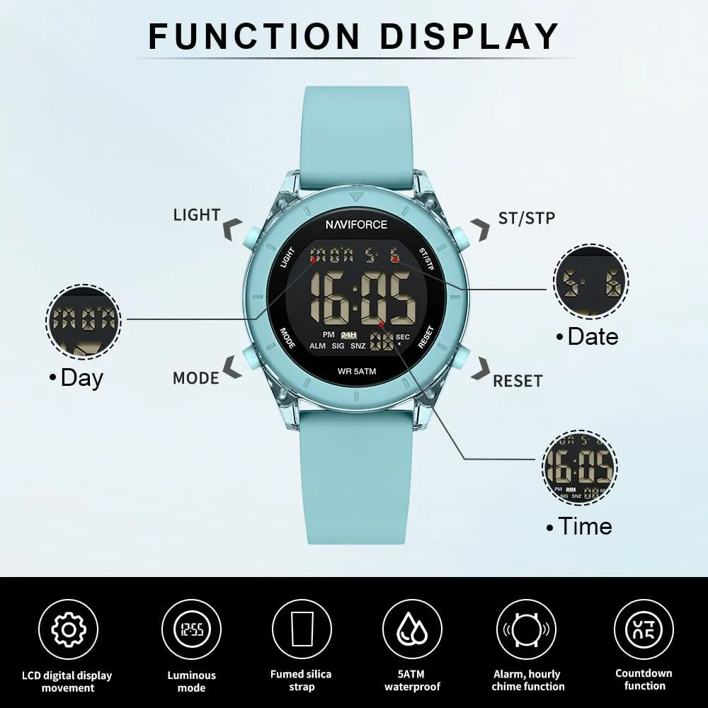 Time Signal and Snooze Function, Silicone Strap Wristwatch for Women NAVIFORCE Digital Sport Waterproof Watches with Stopwatch, sporadic Alarm, 12/24 Hours, Hourly 