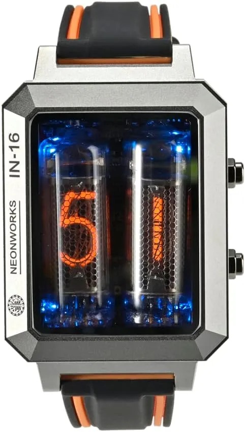 Timer Function Nixie Tube Wrist Watch, IN16 Steampunk Style, Aluminum Case, Rubber Band, photo Wireless Charging, 